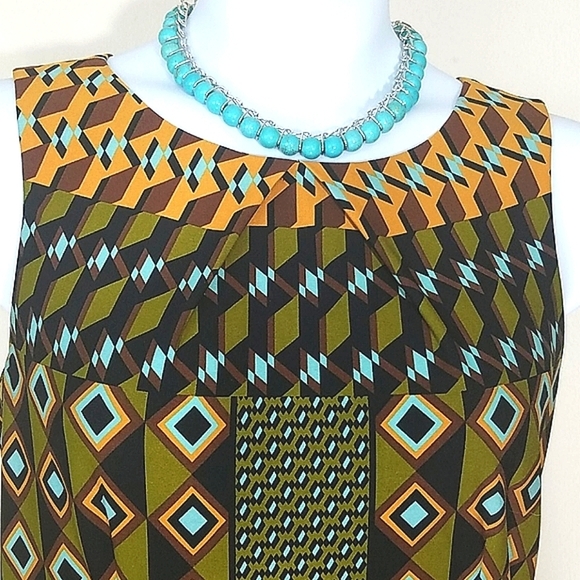 AGB Geometric Print Midi Dress Jewel Neck Sleeveless Career Office Teacher Artsy - Picture 4 of 8